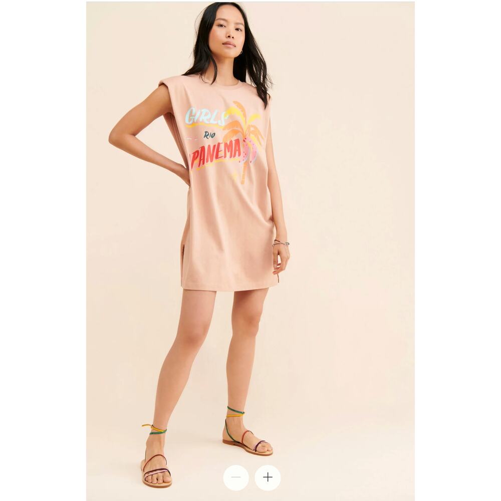 FARM Rio Ipanema T-Shirt Mini Dress Tan Brown Cotton Shoulder Padded Size Small